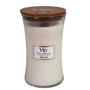 WoodWick White Teak Hourglass Candle Large 21.5 Oz. Crackling Wick 120 Hrs. NEW